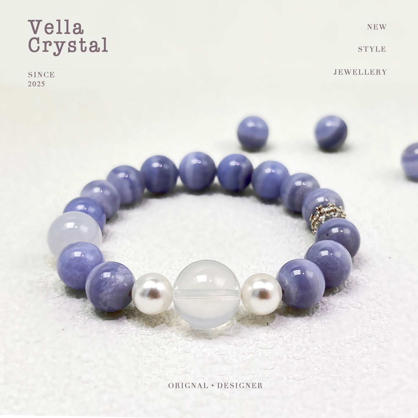 Blue Lace Agate & Milky White Quartz Bracelet - Calm Communication Crystal Jewelry