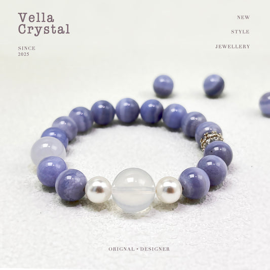 Blue Lace Agate & Milky White Quartz Bracelet - Calm Communication Crystal Jewelry
