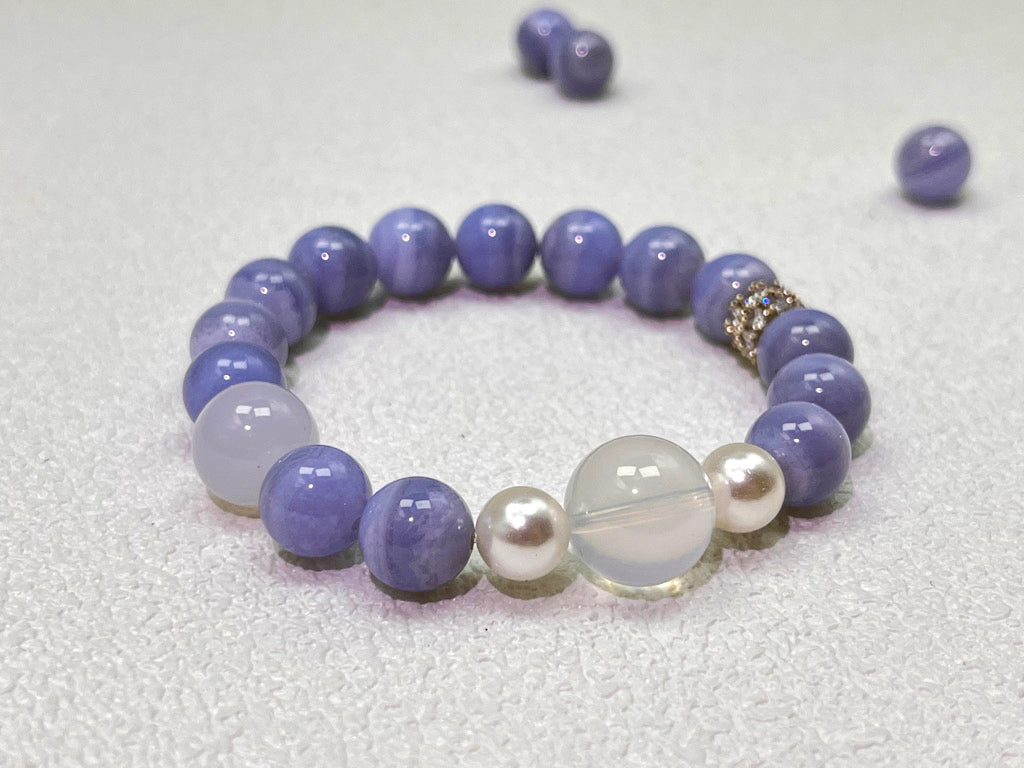 Blue Lace Agate & Milky White Quartz Bracelet - Calm Communication Crystal Jewelry