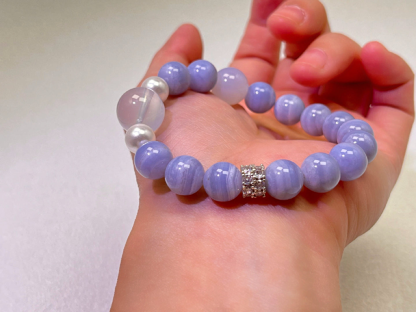 Blue Lace Agate & Milky White Quartz Bracelet - Calm Communication Crystal Jewelry