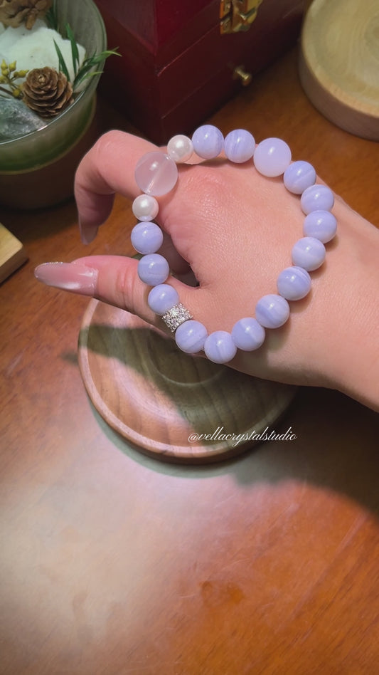 Blue Lace Agate & Milky White Quartz Bracelet - Calm Communication Crystal Jewelry